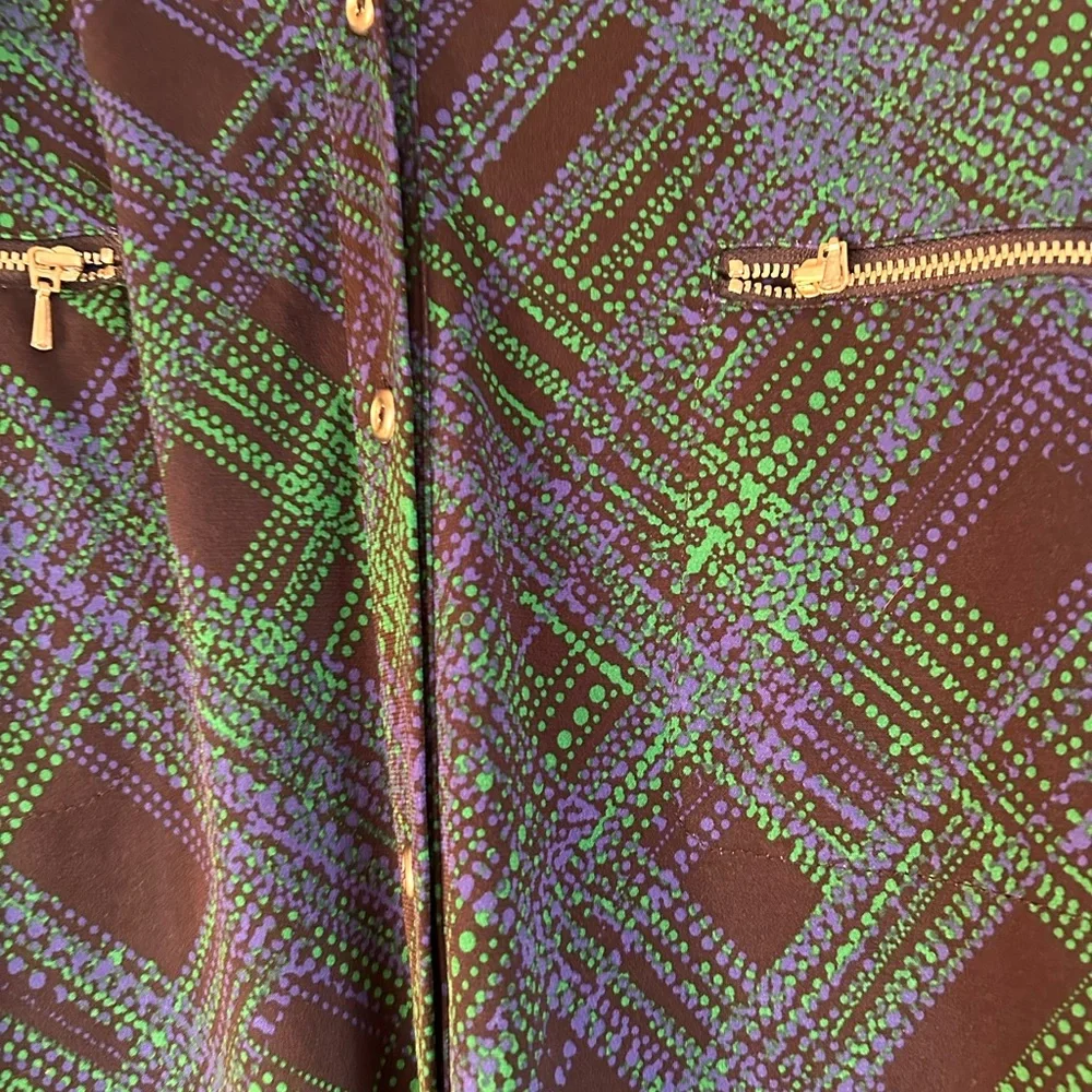 Susan Graver Green and Blue Patterned Top Bell Sleeves and Zipper Front Pockets - Picture 3 of 7